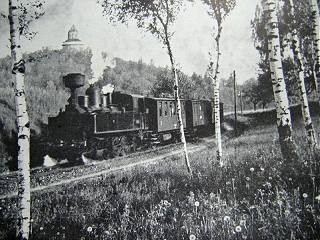 Vlak na trati pod Humprechtem. Snímek je převzat ze sborníku -Sobotka 1958-. Dnes je okolí tak zarostlé, že by snímek nešel pořídit.
